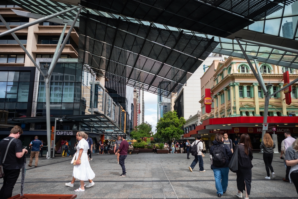 Clean Australian streetscape featuring durable public place litter bins, convenient outdoor bike racks and protective street bollards.